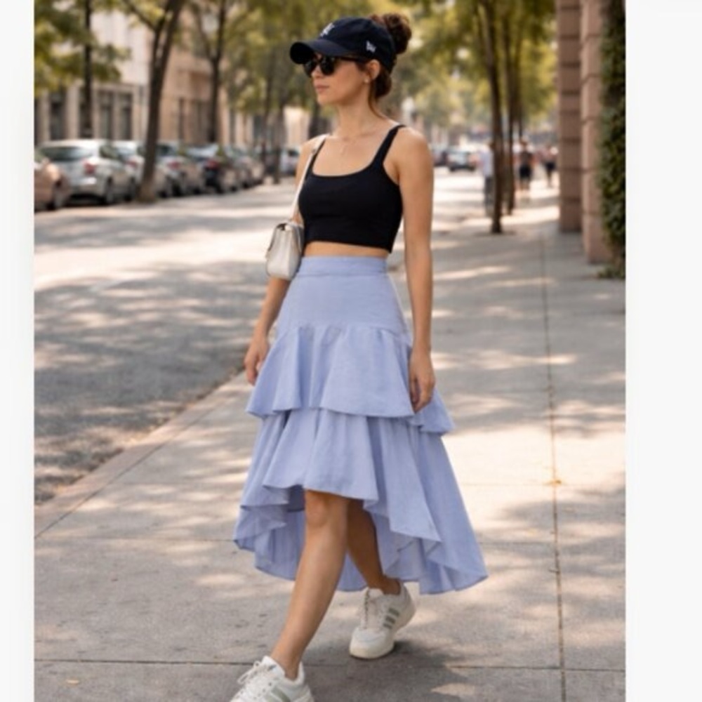 Banana Republic- hi-low ruffled tiered midi skirt chambray blue